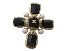 CHANEL シャネルブローチ GP黒石 フェイクパールクロスモチーフ【中古】【送料無料】【質屋出品】