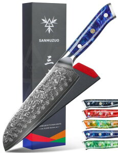 Santoku Knife - 7 inch - Xuan Series - VG10 Damascus Steel Kitchen Knife - Resin Handle (Sapphire Blue)