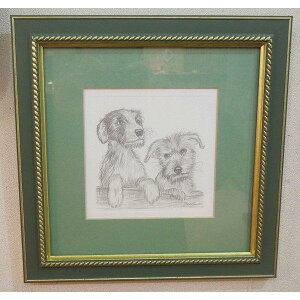 アート えんぴつ画風タッチの可愛い子犬二匹です 木製フレームでお部屋が楽しくなります 現品商品