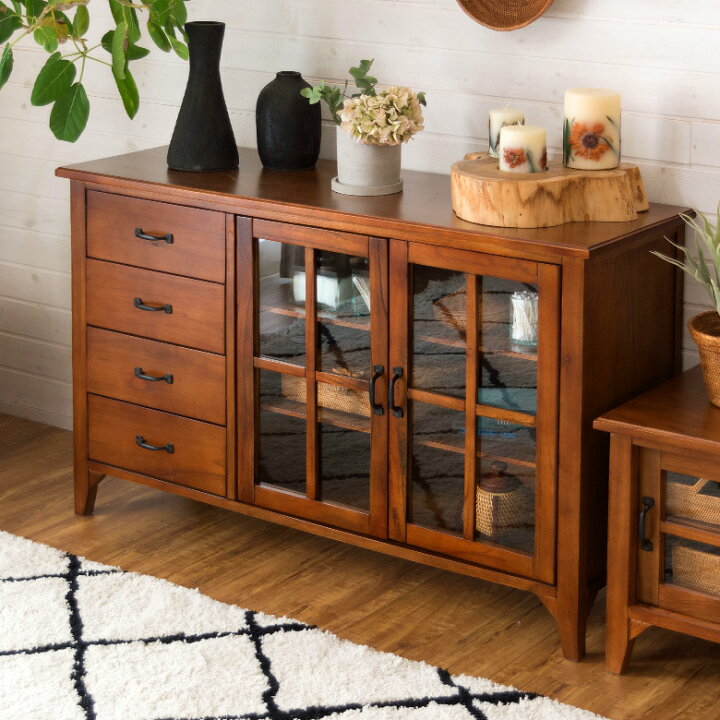 楽天市場】リビングチェスト チェスト 木製 引き出し ガラス扉 幅120cm  