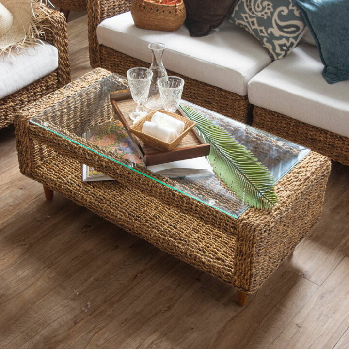 楽天市場】センターテーブル アバカ素材 強化ガラス天板 幅100cm 収納  