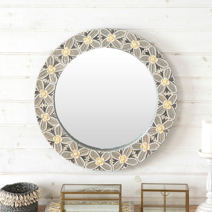 楽天市場 ラウンドミラー 木彫り風 花モチーフ 壁掛けミラー 径約52cm 3 6kg ミラー 鏡 ウォールミラー インテリアミラー 木彫り風 壁掛け 吊り下げ アンティーク調 化粧鏡 おしゃれ メイクアップミラー シンプル アジアン雑貨 アジアン 雑貨 リゾート 135 アジア工房