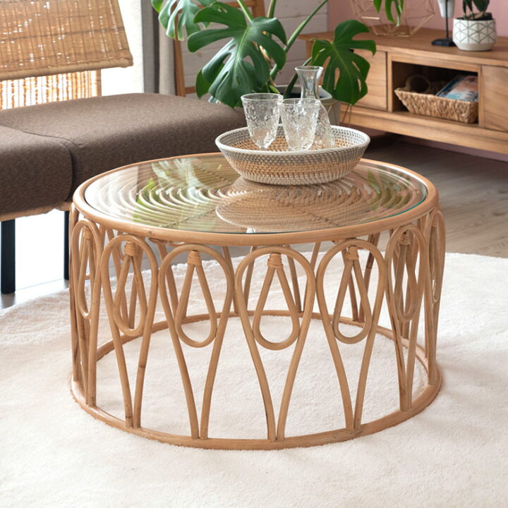 楽天市場】センターテーブル ラタン製 円型 ラウンドテーブル ガラス天  