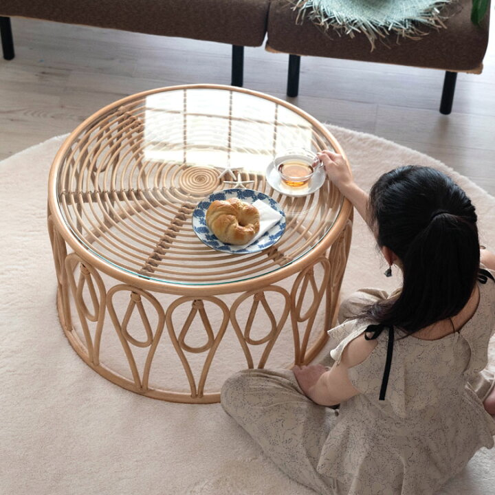 楽天市場】センターテーブル ラタン製 円型 ラウンドテーブル ガラス天  