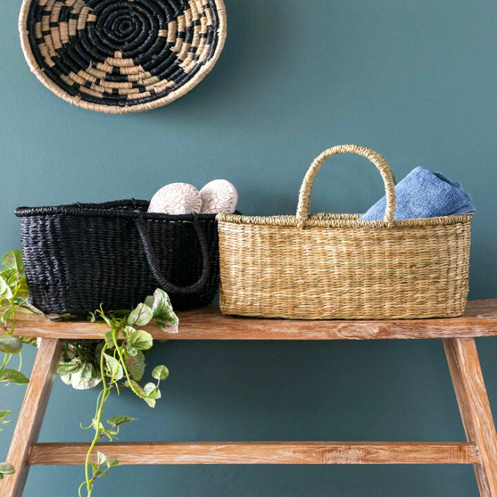 楽天市場 かご バスケット シーグラス製 収納 持ち手 バッグ バック トート カゴ 籠 収納バスケット スリッパ収納 ランチバッグ ランチバック 荷物入れ 見せる収納 ハンドル 横長 スリム おしゃれ 北欧 ハンドメイド リゾート Boho ナチュラル モダン エスニック