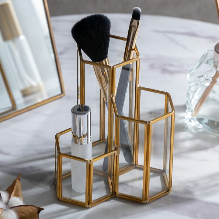 楽天市場 ブラシスタンド コスメ収納 ガラスと真鍮 3分割 ヘキサゴン 約 W 11 5cm D 11 5cm H 11 5cm ガラス スタンド メイクブラシ 収納 ガラスケース アクセサリー収納 ガラスボックス ガラス小物入れ ディスプレイ おしゃれ 北欧 アジアン 雑貨 アジアン雑貨