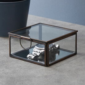 ガラスと真鍮でできた鏡付き収納ケース アンティークゴールド ガラスケース 容器 Brass ディスプレイケース 小物入れ 小物収納 コレクションケース リングピローケース ウェディング 結婚式 アジアン雑貨 アジアンインテリア アジアンアクセサリー収納 底面ミラー [63120]