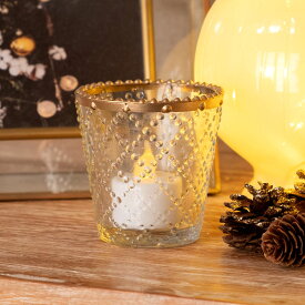 フラワーベース ガラス クリア ゴールド 花瓶 直径7.5cm 高さ7.5cm 模様入り キャンドルホルダー おしゃれ アンティーク調 小物入れ [94228]