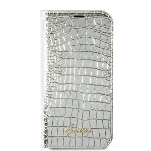 GUESS - PU CROCO BOOKTYPE METAL SCRIPT LOGO - SILVER IPHONE 14 plus �J�[�h �蒠�^�P�[�X �J�[�h���[ �[���ی� �X�}�z�P�[�X �}�O�l�b�g �X�}�[�g�t�H��