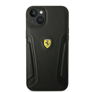 FERRARI - LEATHER CASE HOT STAMPED SIDES AND YELLOW SHIELD LOGO - BLACK�@IPHONE 14 plus