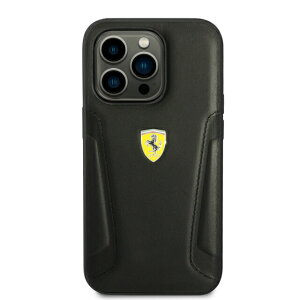FERRARI - LEATHER CASE HOT STAMPED SIDES AND YELLOW SHIELD LOGO - BLACK�@IPHONE 14 PRO MAX