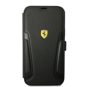 FERRARI - LEATHER BOOKTYPE CASE HOT STAMPED SIDES AND YELLOW SHIELD LOGO - BLACK�@IPHONE 14 plus