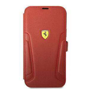 FERRARI - LEATHER BOOKTYPE CASE HOT STAMPED SIDES AND YELLOW SHIELD LOGO - RED�@IPHONE 14 plus