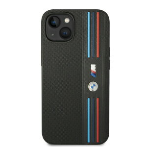 BMW - M COLLECTION - PU LEATHER MESH CASE AND PRINTED TRICOLOR LINES AND LOGO - BLACK�@IPHONE 14 plus