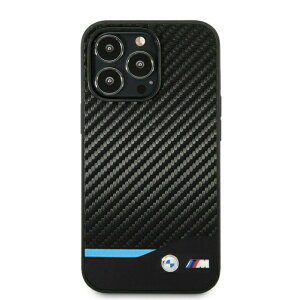 BMW - M COLLECTION - PU CARBON CASE WITH BOTTOM HORIZONTAL BLUE LINE AND PRINTED LOGO - BLACK�@IPHONE 14 PRO MAX