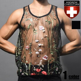 AndrewChristian/アンドリュークリスチャン Sheer Embroidered Lace Tank Top 花　刺繍 シースルー タンクトップ メンズ 透け