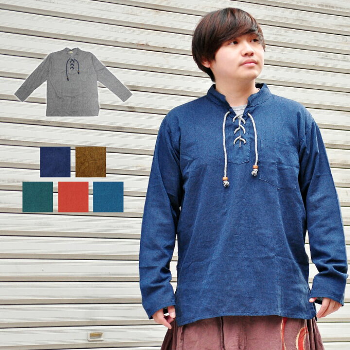 楽天市場 再入荷予定 エスニック スキッパー シャツ メンズ ユニセックス ネパールコットンの編み上げクルタ アジアン ファッション エスニック ファッション エスニック トップス レディース 秋物 秋服 Ethnic Ladies エスニック アジアン ティントン