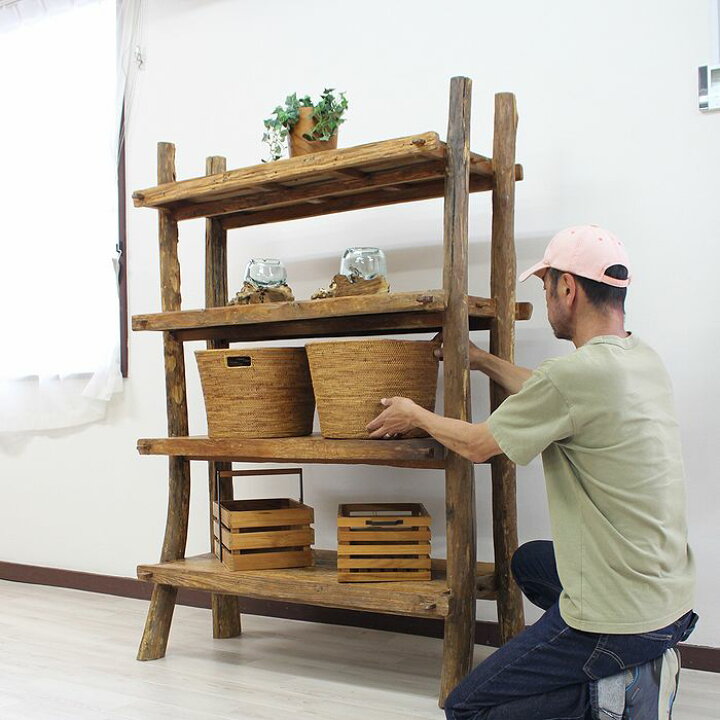 楽天市場】チーク家具 古材 古木 木製ラック 無垢 シェルフ 