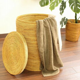 バリ島 アタ製品 アタバスケット ランドリーバスケット 大型 円筒型 ハンドメイド 手編み カゴ 収納 ラウンド タオルバスケット スリッパ入れに！ φ40x50cm BAS-0173