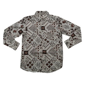 バティックシャツ コットン長袖シャツ ホワイト＆ブラウン アジアン雑貨 バリ雑貨 リゾートウェア 長そでシャツ メンズ ユニセックス ユニフォーム 制服 インドネシア 民族衣装【メール便】150307