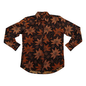 バティックシャツ コットン長袖シャツ ブラック＆オレンジ アジアン雑貨 バリ雑貨 リゾートウェア 長そでシャツ メンズ ユニセックス ユニフォーム 制服 インドネシア 民族衣装【メール便】150346