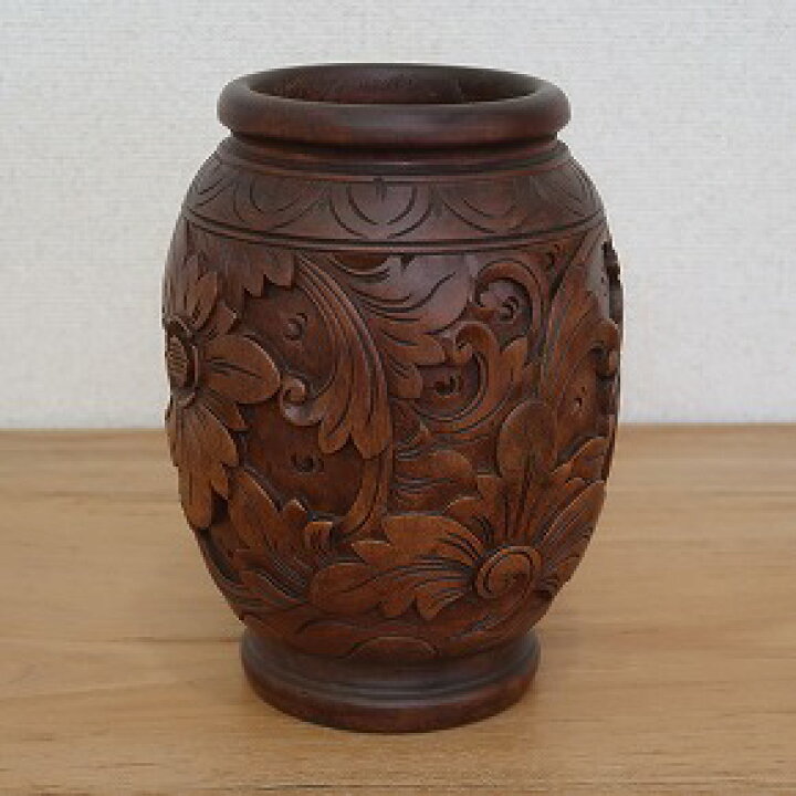 楽天市場】木彫りのフラワーベース マホガニー材 17X24 花瓶 壺 木彫り 