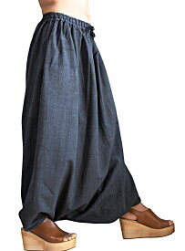 ジョムトン手織り綿の袋状スカート風パンツ（墨黒）