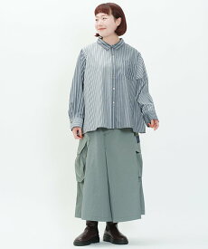 as know as フリフレストラSH レディース 大きいサイズ トップス シャツ ストライプ ミックス 長袖 フレアー シャツ 前開き はおり 胸ポケット ヨーク オオラカ