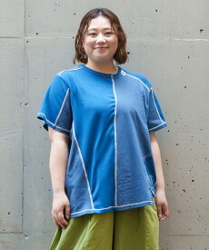 as know as ハギッコ裏見せT レディース 大きいサイズ トップス カットソー 半袖 プルオーバー Tシャツ 半袖 天竺 リブ ミックス 縫代表出し 切替 タック 束ロック アシンメトリー マチ オオラカ