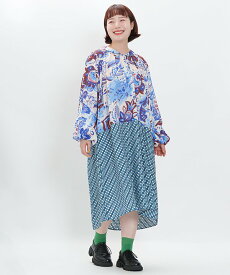 as know as デカ花とチェーンOP レディース 大きいサイズ ワンピース 長袖ワンピース タック バルーン プリント 大花 花柄 ミックス マゼコゼ フラットカラー フレアー 長袖 ロング オオラカ