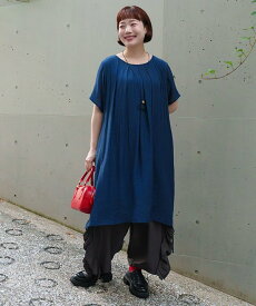 as know as NewタックタックOP レディース 大きいサイズ ワンピース 半袖ワンピース タック フレアー ウエストマーク ヒモ ポケット 半袖 ワンピース チュニック 梨地 涼しい ネックレス付き 前後着用可能 裏付き 透け防止 オオラカ