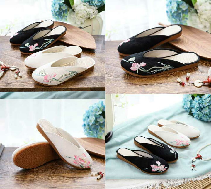 女性のための刺繍された靴ツバメ刺繍された女性のベルベットコットン 女性のための刺繍の靴ツバメ刺繍女性のベルベットの綿生地ポインテッドトゥフラットスリッパ夏の女性