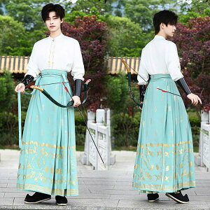 中国古代伝統漢服 舞台ステージ衣装 長袖 交差襟 トップス 巻きスカート 袖カバー付き チャイナ服 男性 上下セット 華流コスプレ衣装 龍柄 中華服 コスチューム 変装 イベント 学園祭 文化