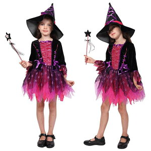 ハロウィン 衣装 女の子ドレス 子供 ワンピース 星柄 帽子付 仮装 コスプレ 女の子 ハロウィーン衣装 キッズ 魔女 ウィッチ 可愛い お姫様 ドレス 魔法使い コスプレ子供 子ども ワンピース