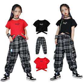 キッズ ダンス 衣装 セットアップ ヒップホップ 衣装 Tシャツ パンツ ロング丈 チェック柄 女の子 カーゴパンツ 練習着 発表会 学園祭 演出服 ガールズ レッド ブラック 110 120 130 140 150 160 170 180cm