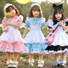 ロリータ ワンピーず 子供 可愛い ハロウイン コスプレ 衣装 メイド服 コスチューム ゴスロリ フランセーズ ワンピ 文化祭 学園祭ピンク ブルーブラック SM L XL