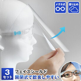 フェイスシールド 開閉式 メガネタイプ 3セット 可動式 メガネ式 飲食可能 くもり止め加工 メガネ併用可能 マスク併用可能 洗える 眼鏡型 めがね型 可動式 大人用 女性用 子供用 透明度が高い 見やすい 目立たない 即納 フェイスカバー フェイスガード ZK337-FSMGN