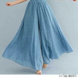 スカートパンツ ワイドパンツ フレアマキシスカート レディース ふんわり フレアマキシスカート マキシ丈 ロング丈 スカーチョ ボトムス 綿混素材 リネン フレ