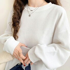即納！＼629円/枚 60%OFF!クーポン★今だけの特別クーポン！＆2枚購入／ワッフル Tシャツ レディース メロウ 丸首 長袖 無地 カットソー 長袖 レディース ストレッチ 大きいサイズ カットソー オフィス おしゃれ ゆったり 着痩せ シンプル 体型カバー 通勤 秋冬