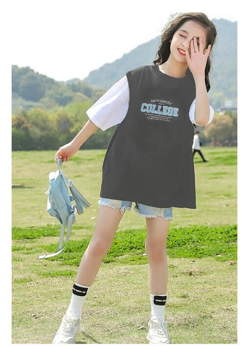 楽天市場】キッズ レイヤード風 半袖 Tシャツ ベスト フェイク 重ね着 
