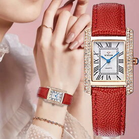 【送料 無料】腕時計 レディース クォーツ レッドレザーベルト 防水 エレガント ラインストーン ファッション 腕時計