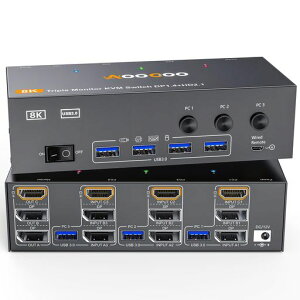 8K KVM�ؑ֊� 3PC 3���j�^�[�A�~���[/�g�����[�h HDMI + DP�|�[�g (8K@30Hz/4k@144Hz) USB3.0�|�[�g KVM Switch PC4��ƃf�B�X�v���C3��Ή� �L�[�{�[�h�A�}�E�X��3PC�ŋ��L �h���C�o�[�s�v