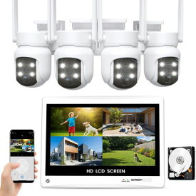 YESKAMOO 5MP 自動追尾 4台ワイヤレス防犯カメラセット 360°監視カバー 12インチ一体型モニター付き