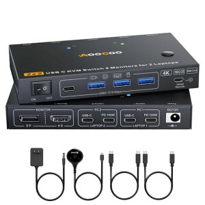 KVM�X�C�b�`(���j�^�[2��E�m�[�gPC2��Ή��A4K@60Hz)�AUSB-C/HDMI/DP�Ή��f���A�����j�^�[KVM�X�C�b�`(�m�[�gPC2��p)�A4��USB 3.0�f�o�C�X�����L�\�A80W PD�Ή��AC�P�[�u��2�{�ƗL�������R���t��