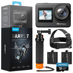 AKASO Brave7 �A�N�V�����J���� 4K60fps IPX8�{�@�h��10M �����J���� ��u���␳ Horizon�␳ ���������R�� ���m�C�Y�ጸ ��������@�\ �t���[�e�B���O�n���h+�w�b�h�o���h�Z�b�g