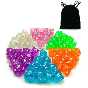 60pcsAssortedColoredTranslucentD10(1-10)Pack6X10pcs10SidesDiceTransparentPolyhedralDiceD10SetinBlackVelvet