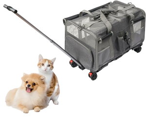 犬 リュック 猫 キャリー 2匹用 クレート キャスター付き 2室 ペット キャリーバッグ 小型犬 ソフト 折りたたみ可 ショルダー 散歩 通院 (グレー)