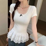 Tシャツ レディース カットソー 半袖 白 レース フリル レース花辺 芭蕾風 バレエ風 クルーネック 正肩 …