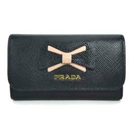 プラダ PRADA キーケース レザー ブラック×ピンクベージュ ゴールド レディース 送料無料【中古】 h29347f