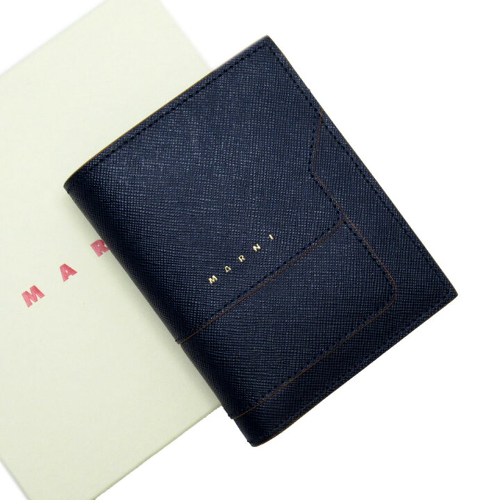 楽天市場】マルニ MARNI 二つ折り財布 レザー ネイビー×ブラウン 